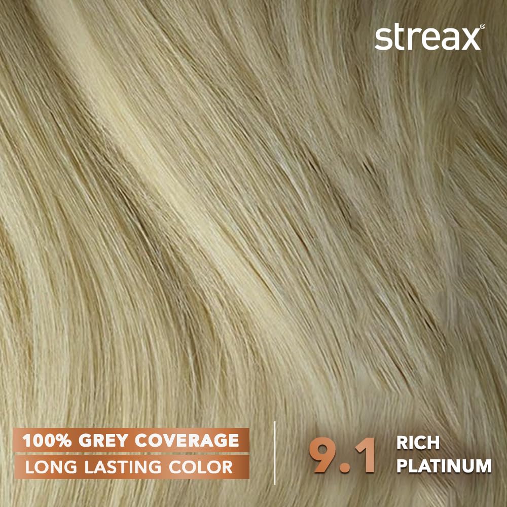 Streax Permanent Hair Colour, 100% Grey coverage, Infused with Argan and Walnut Oil, Long Lasting Cream Hair Colour for Women, Ash Hair Color, 9.1 Rich Platinum, 120 ml, Pack of 1