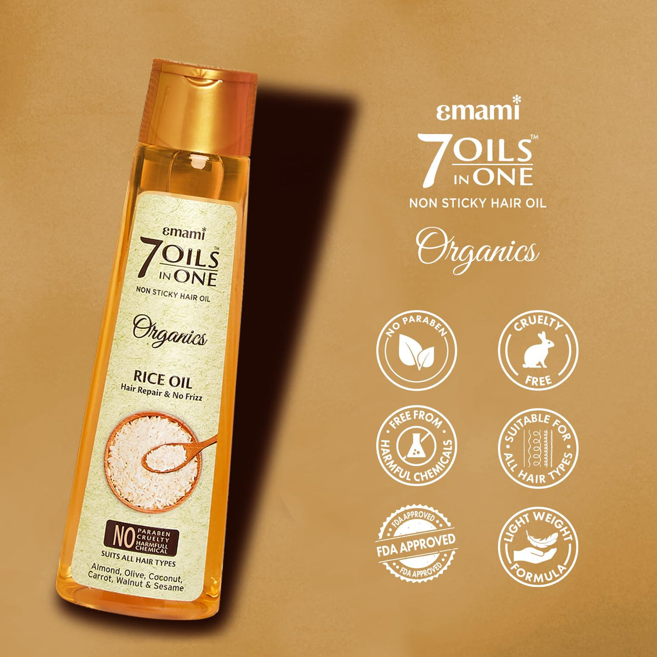 Emami 7 Oils In One Organics RICE OIL Hair Repair& No Frizz| Nourishing & Hydrating| Ultra-Light & Non-Sticky | Certified Organic | Free From Parabens, Sulphates & Harmful Chemicals |For Soft, Shiny Hair - 200ml