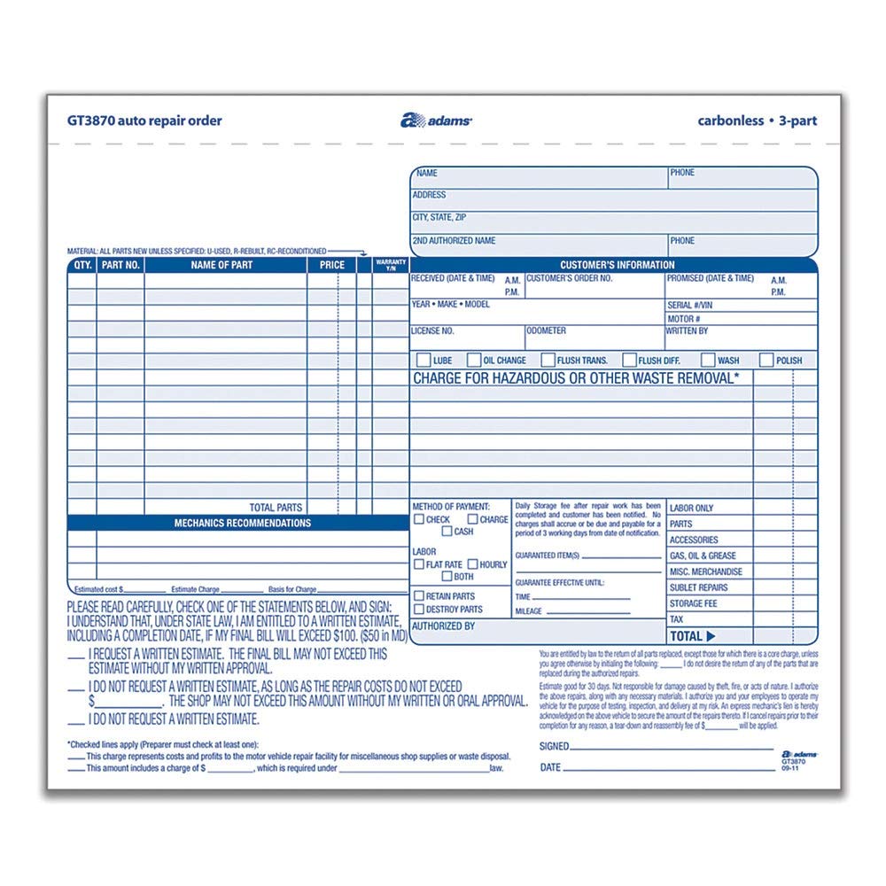 Adams Auto Repair Order Forms, 8.5 x 7.44 Inch, 3-Part, Carbonless, 50-Pack, White and Canary (GT3870)