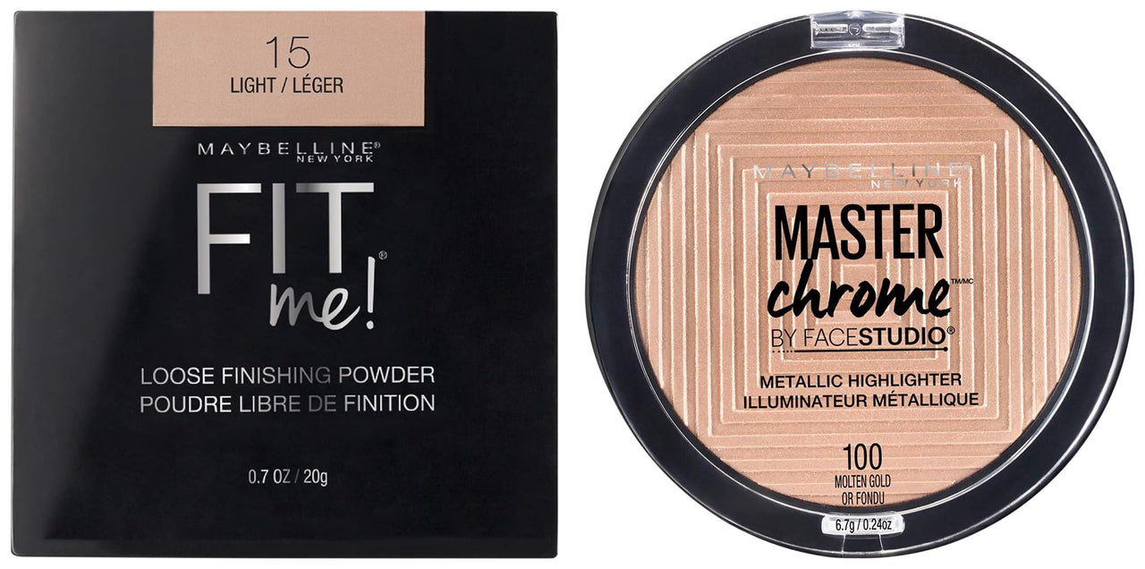 Maybelline New York Face Studio Master Chrome Metallic Highlighter, Molten Gold, 6.7G & New York Fit Me Loose Finishing Powder, 15 Light, 20G