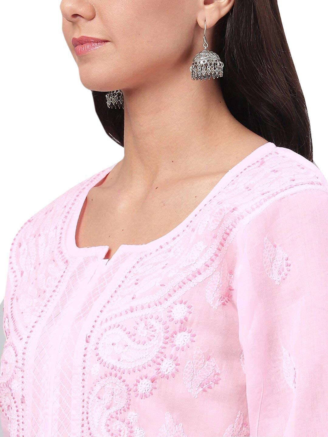 Ada Hand Embroidered Lucknowi Chikankari Straight Cotton Kurti Kurta for Women A220999 White 2XL