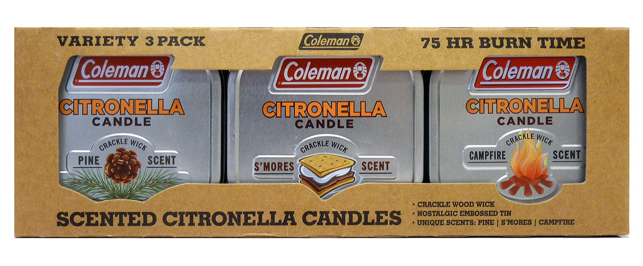 Coleman Scented Tin Citronella Candle - 3 Pack, S'Mores, Pine and Campfire Variety Pack 3 Pack - 6 oz tins