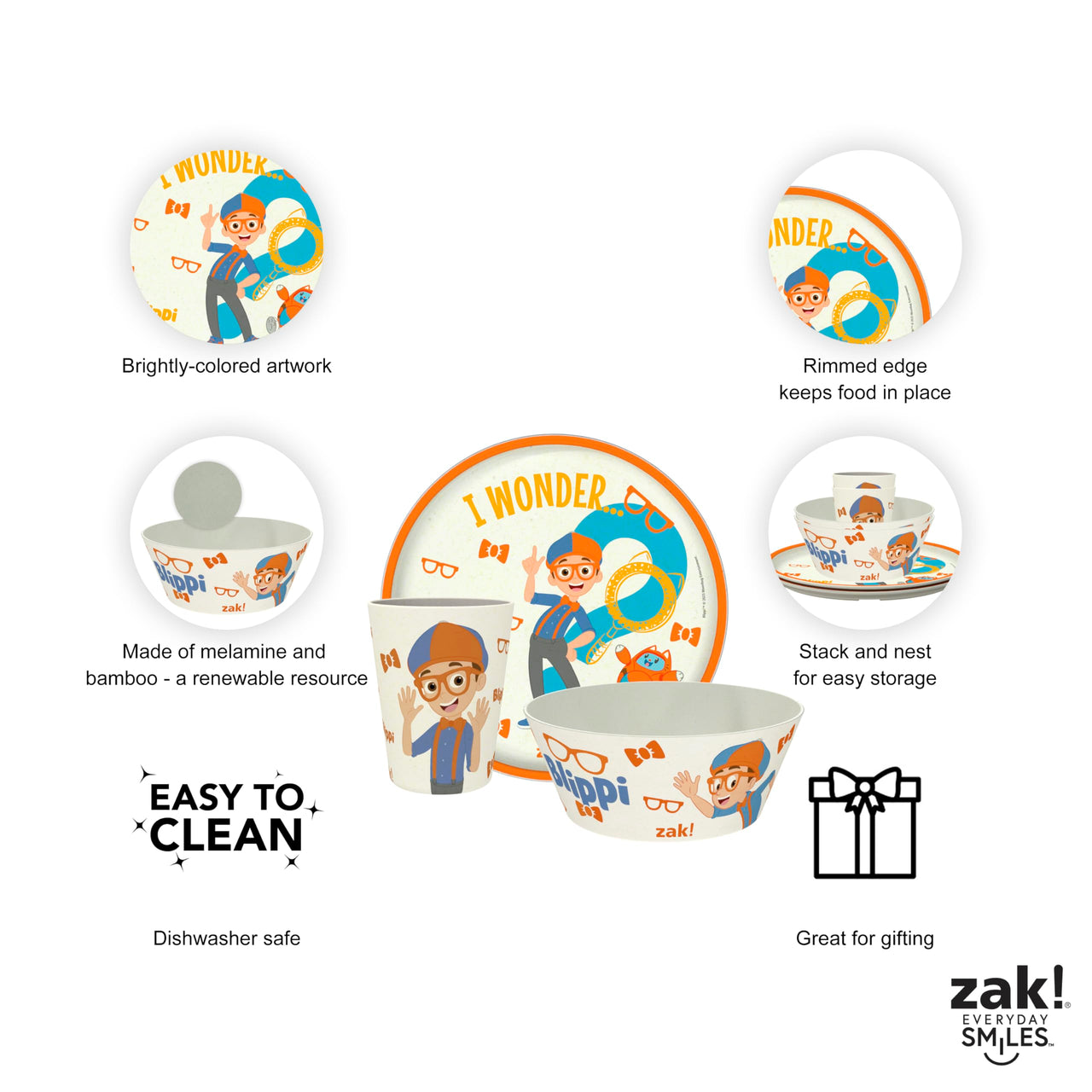 Zak Designs Blippi Kids Dinnerware Set 3 Pieces, Durable and Sustainable Melamine Bamboo Plate, Bowl, and Tumbler are Perfect For Dinner Time With Family (Blippi, TABBS) 8" Plate, 6" Bowl, 10oz Tumbler