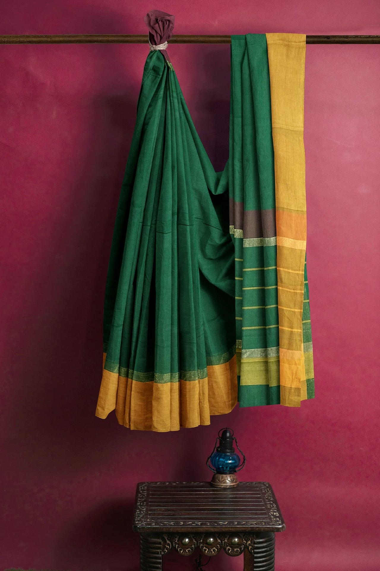 SENSAN Women’s Handloom Kanchi Cotton Saree with Blouse Piece [SKU:430] Light Beige×Navy Blue