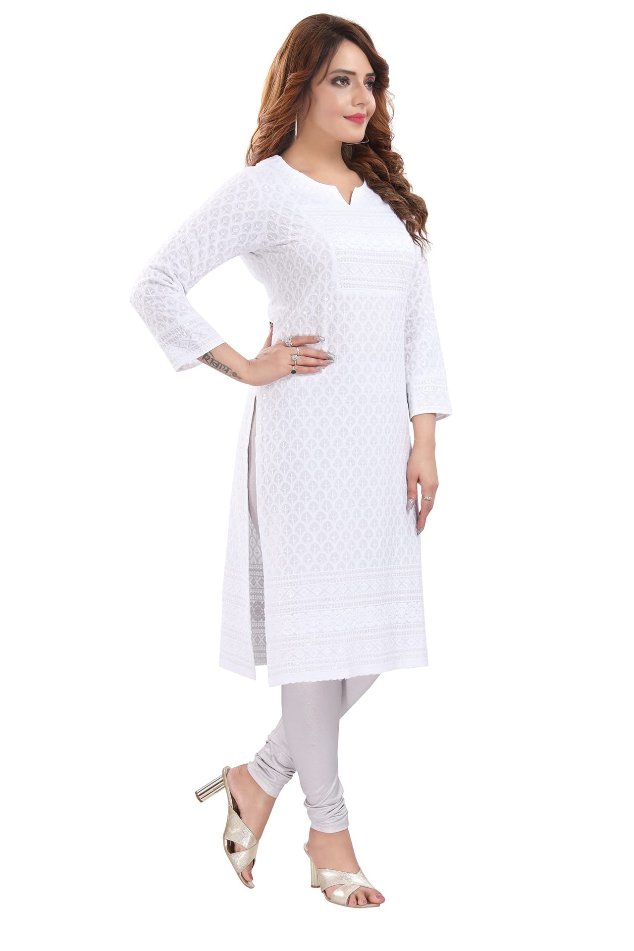 QUEEN SHIELD Women's  Knee Length Rayon Chikan-Kari KurtaKurti (QS_6631)