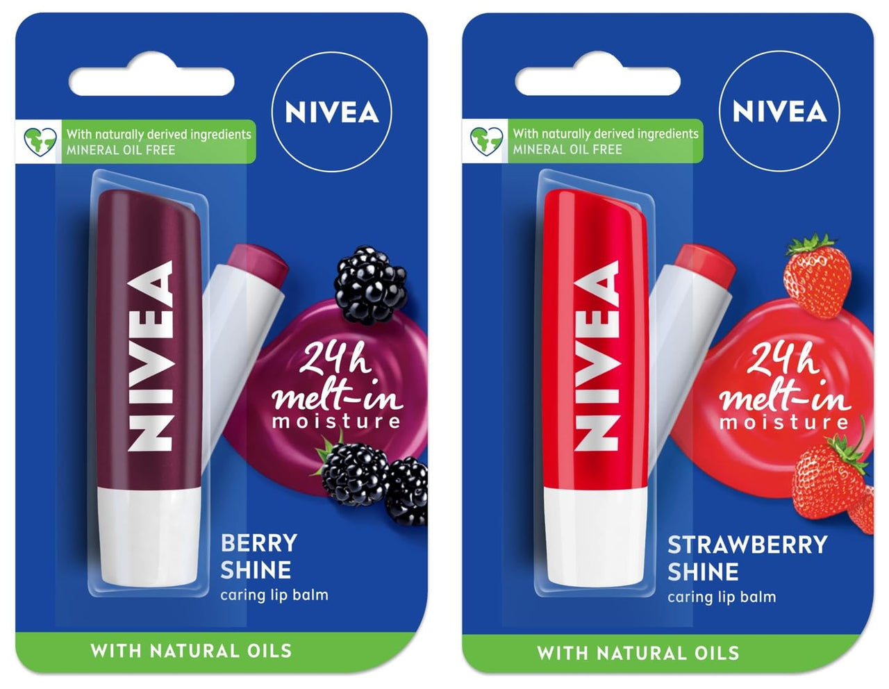 NIVEA Lip Balm, Fruity Blackberry Shine And NIVEA Lip Balm, Fruity Strawberry Shine,2 Count (Pack of 1)