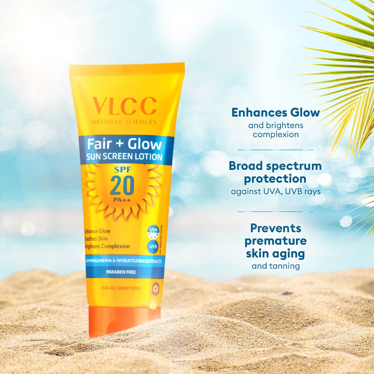 VLCC Fair + Glow Sun Screen Lotion Spf 20 PA++ - 50ml | Brightening Formula Sunscreen | Zero White Cast SPF | Non-Greasy Sunscreen | With Ashwagandha, Carrot & Wheatgerm Extracts.