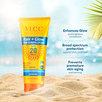 VLCC Fair + Glow Sun Screen Lotion Spf 20 PA++ - 50ml | Brightening Formula Sunscreen | Zero White Cast SPF | Non-Greasy Sunscreen | With Ashwagandha, Carrot & Wheatgerm Extracts.