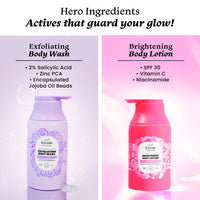 Foxtale Clear and Luminous Combo | 2% Salicylic Acid Exfoliating Body Wash with Zinc PCA for Smooth, Bump-Free Skin + SPF 30 Brightening Body Lotion with Vitamin C & Niacinamide for Even-Toned, Radiant Glow | Fades Pigmentation & Prevents Tanning | 2-Step