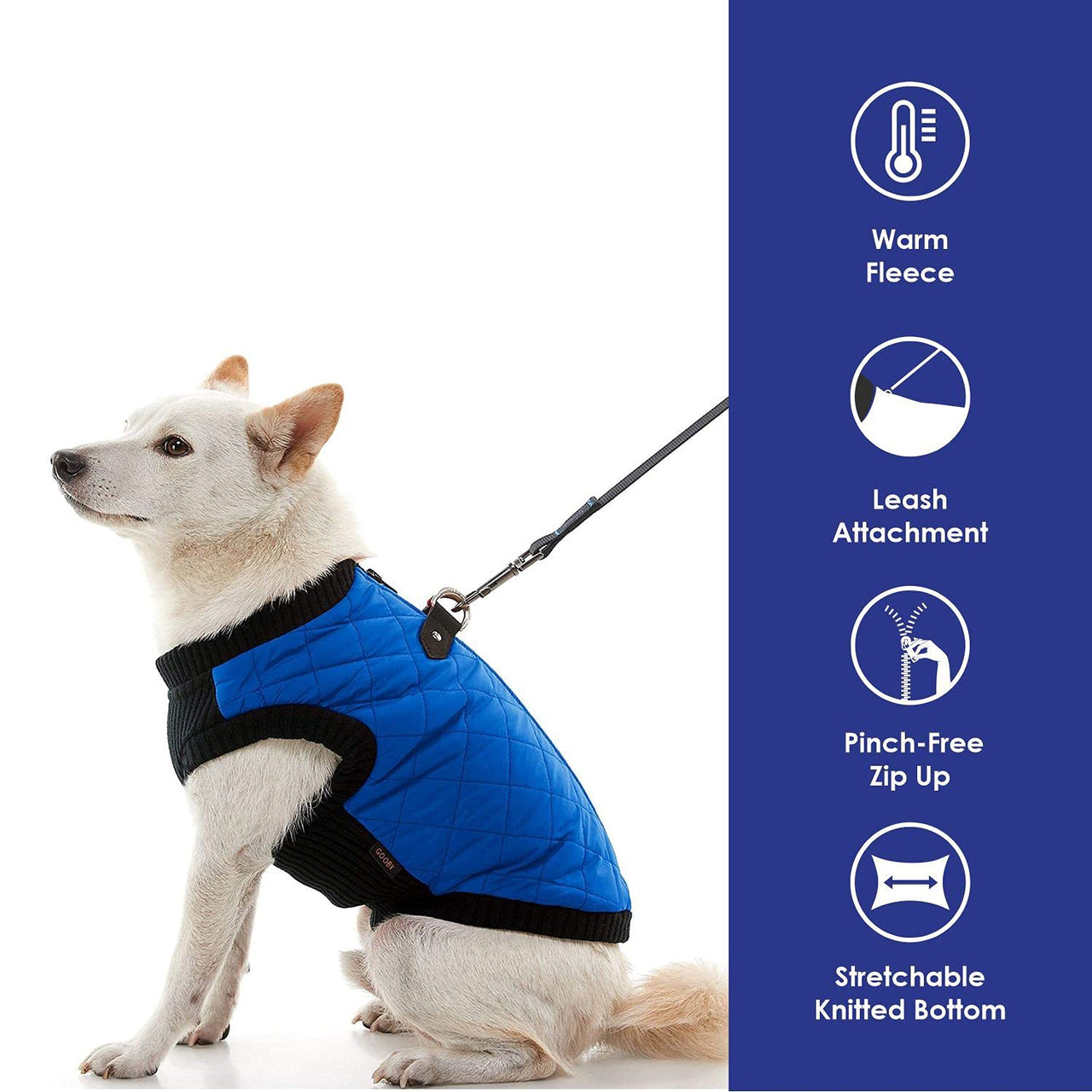 Gooby Fashion Vest Dog Jacket - Blue, X-Large - Warm Zip Up Dog Bomber Vest with Dual D Ring Leash - Winter Water Resistant Small Dog Sweater - Dog Clothes for Small Dogs Boy or Medium Dogs X-Large chest (~20.5")