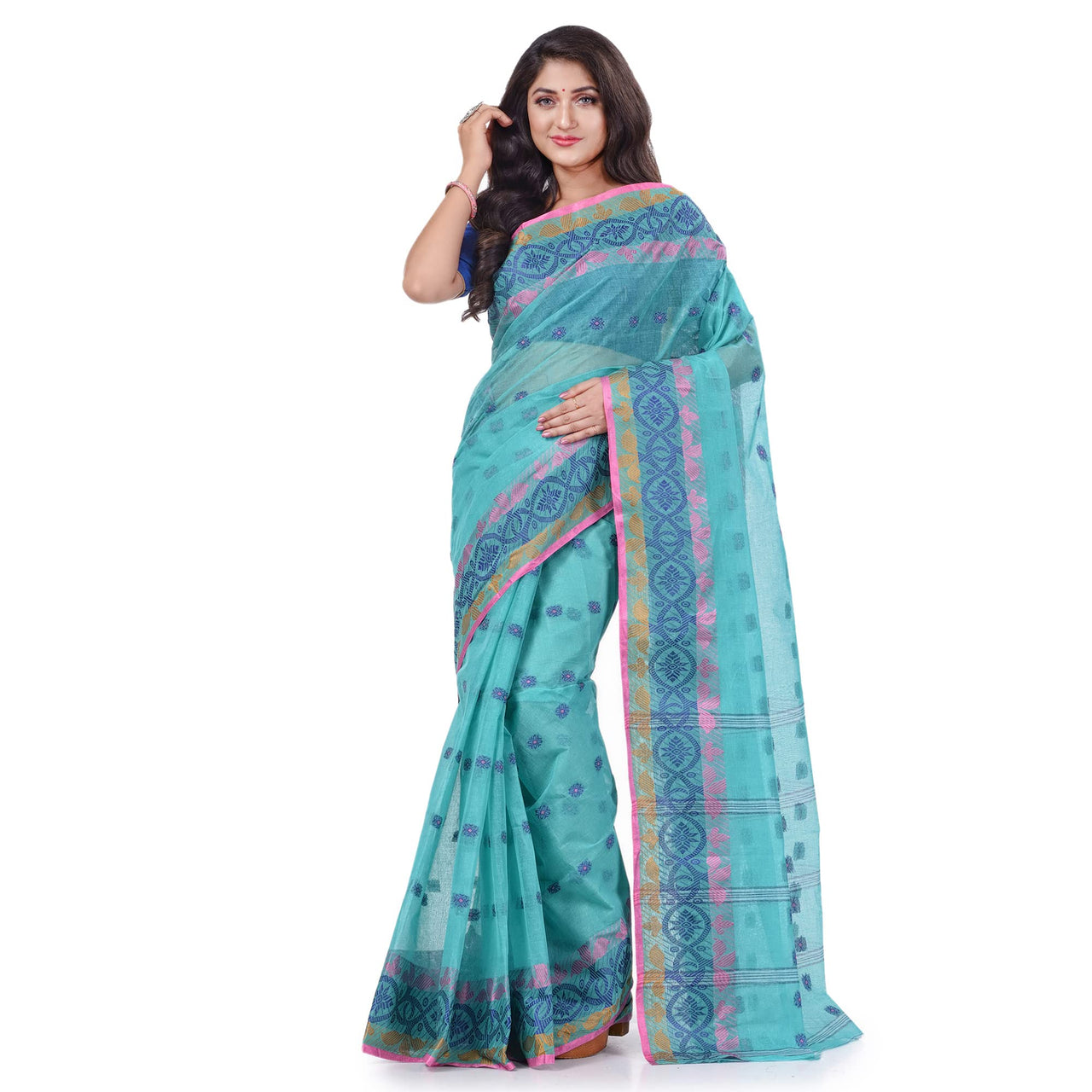 dB DESH BIDESH Women`s Traditional Bengal Tant Tri Leaf Woven Design Pure Handloom Cotton Saree Without Blouse Piece