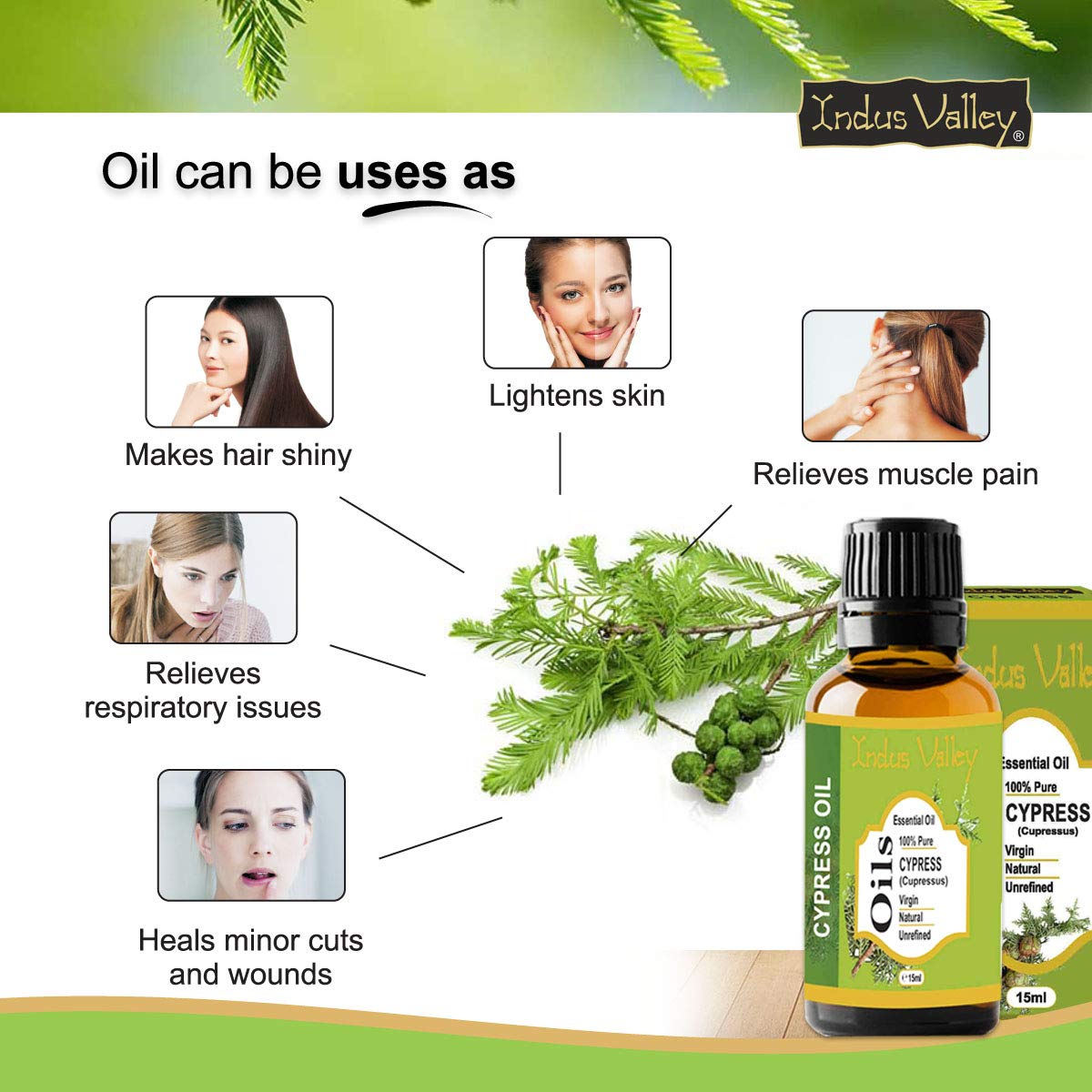 Indus Valley 100% Pure Natural & Organic, Undiluted Cypress Essential Oil with Glass Dropper for Skin, Hair Care -15ml