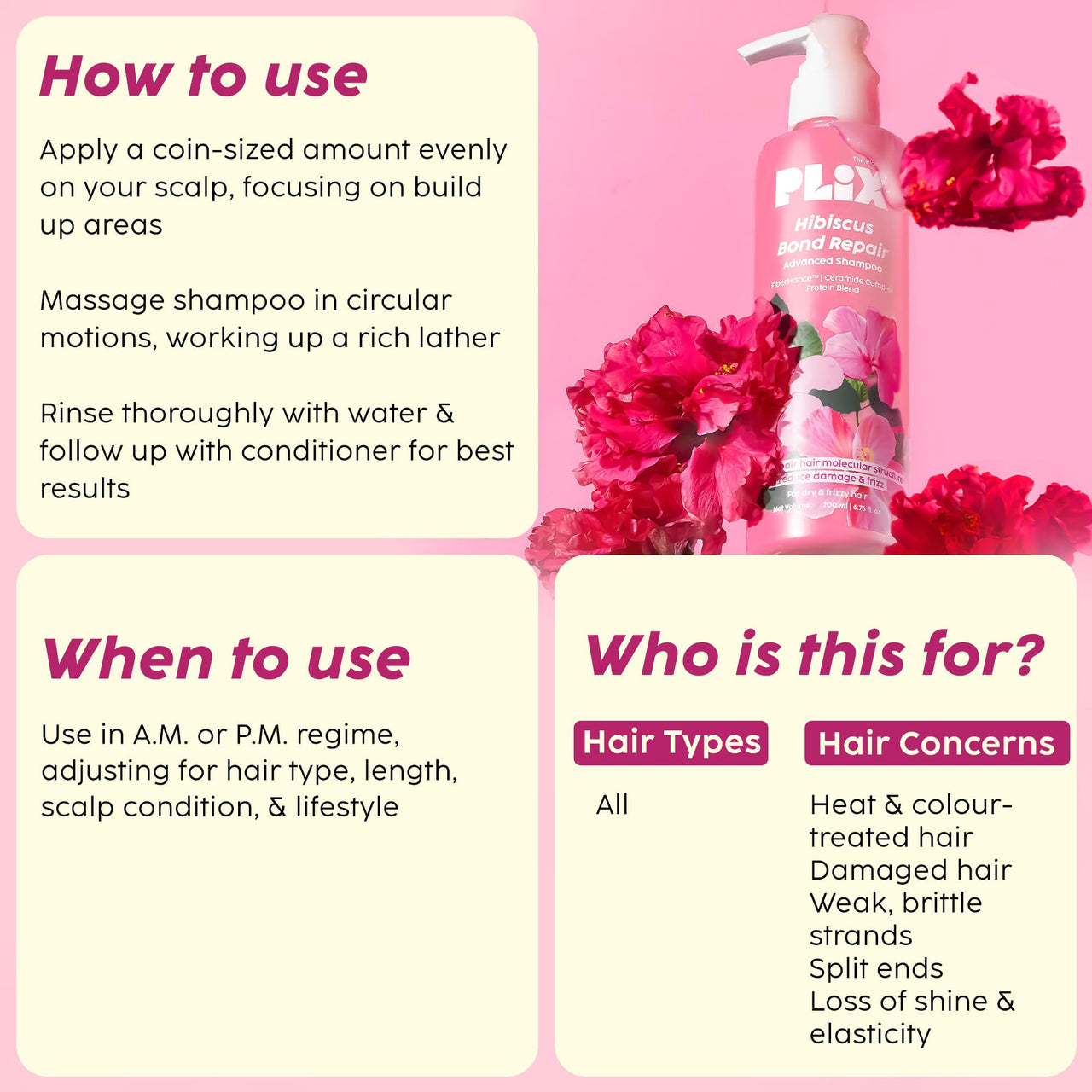 PLIX - THE PLANT FIX Hibiscus Bond Repair Advanced Shampoo for Damaged, Frizzy Hair - 200ml | Repair Hair Molecular Structure | FiberHance & Hibiscus Extract | Men & Women