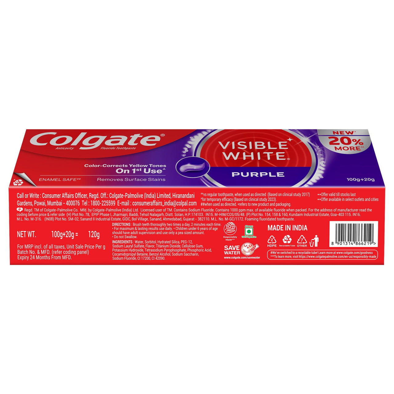 Colgate Visible White Purple Toothpaste For Teeth Whitening, Teeth Whitening Toothpaste With Fluoride, Whitens Yellow Teeth, Enamel-Safe For Daily Use Paste Toothpaste (100G + 20G)