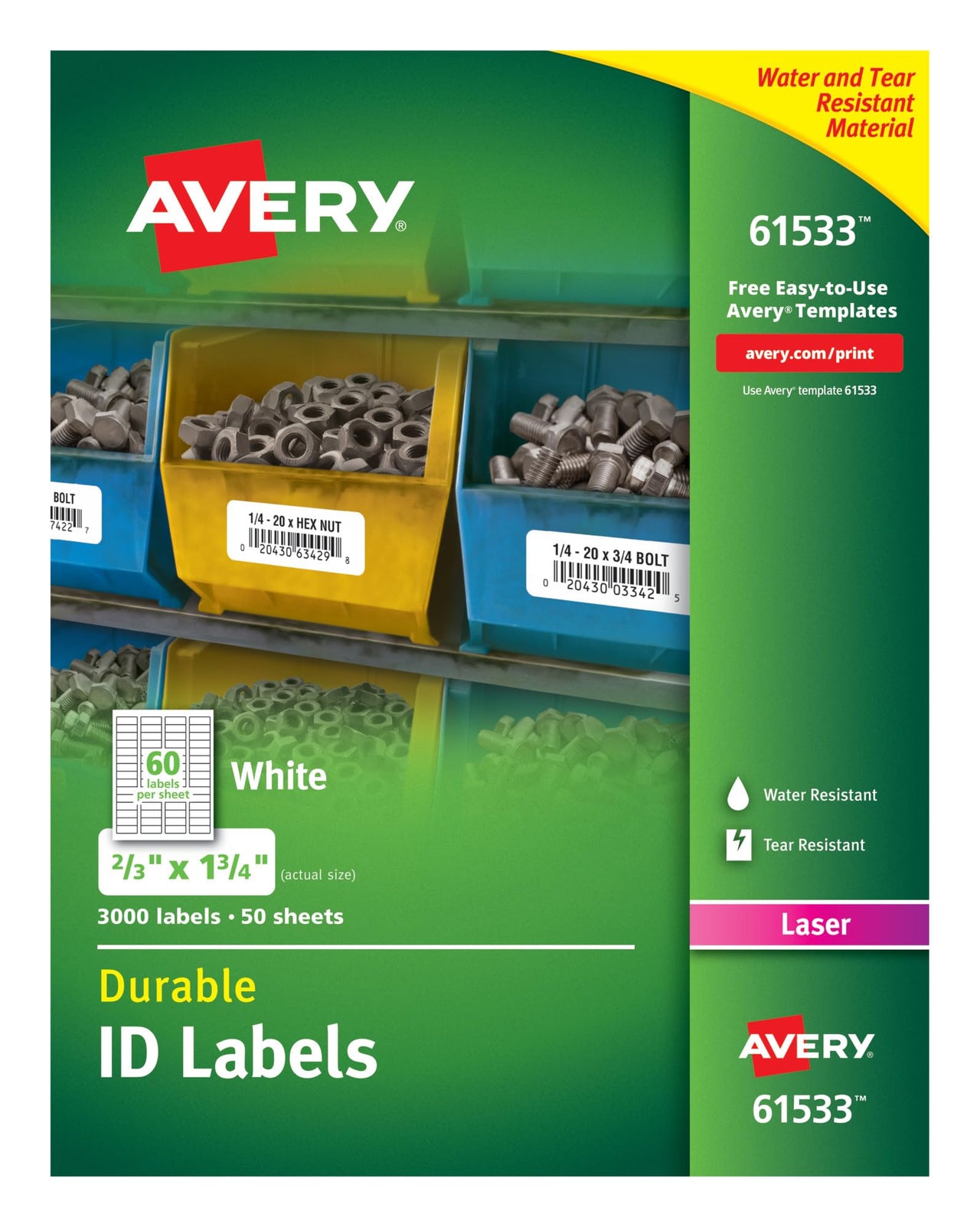 Avery Durable White Cover Up ID Labels for Laser Printers, 0.67 x 1.75, Pack of 3000 (61533) 2/3" x 1-3/4" Label