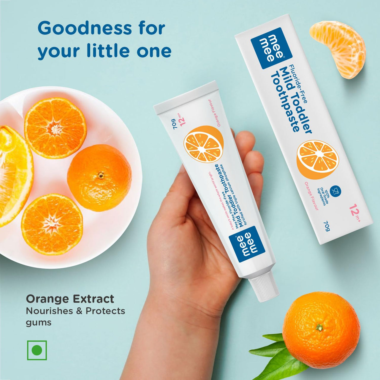 Mee Mee Fluoride-Free Toothpaste Fortified with Triple Calcium Phosphate, Orange Flavor, Cavity Protection 3+ years (70 gram)