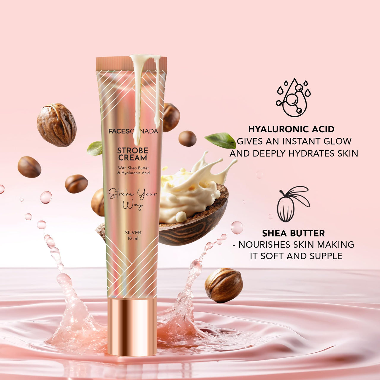 FACESCANADA Strobe Cream - Silver, 18ml | Primer + Highlighter + Moisturizer | Shea Butter & Hyaluronic Acid | Intense Hydration | Flawless Radiant Dewy Skin | Illuminating & Glowing Makeup Base