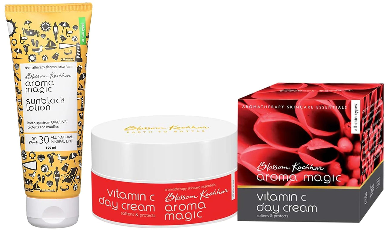 Aroma Magic Sunscreen Sun Block Lotion, SPF 30, 100ml And Aroma Magic Vitamin C Day Cream, 50g