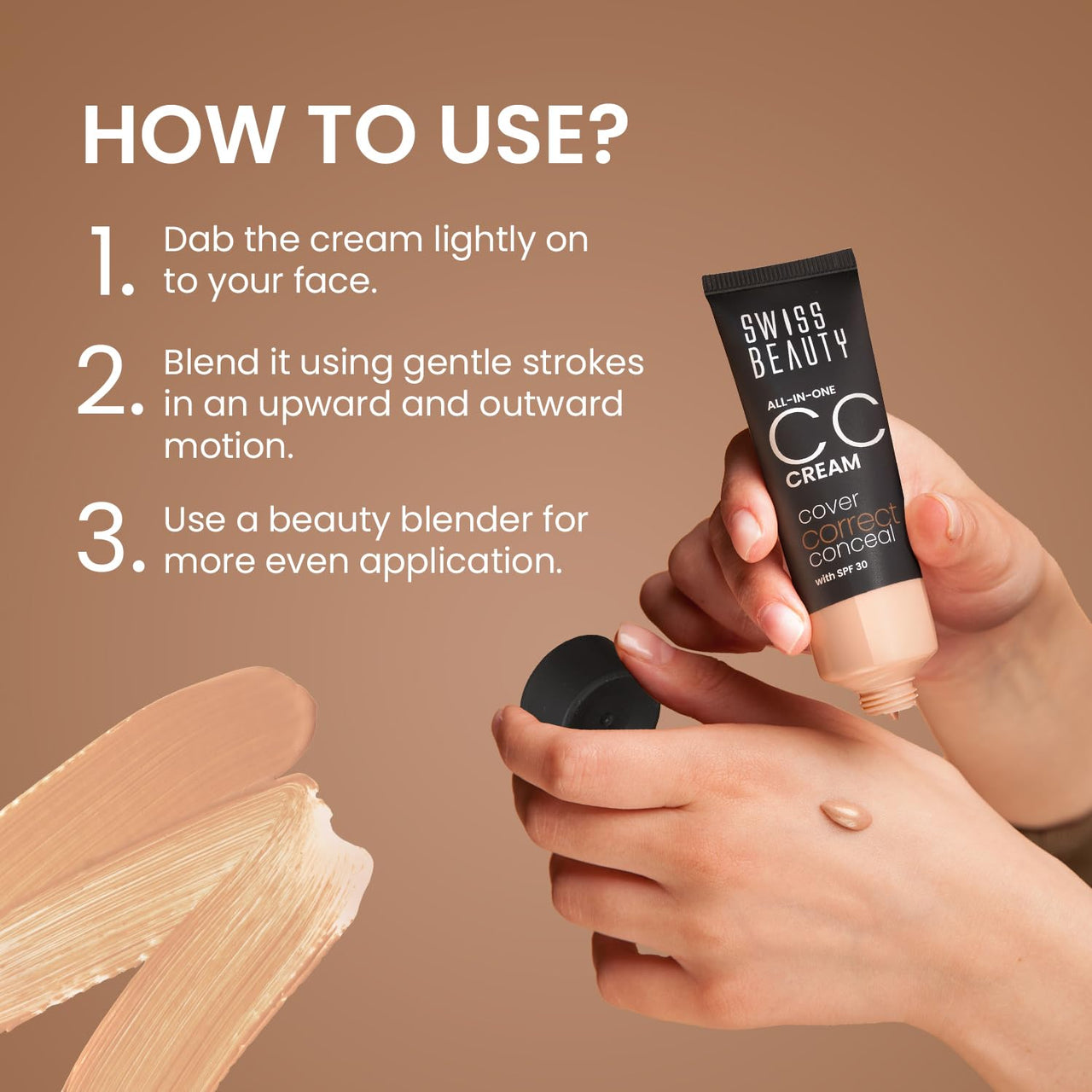 Swiss Beauty All-In-One Lightweight CC Cream with SPF 30 | Cover, Correct and Conceal | For Natural, Medium coverage | Shade- 01 Light Ivory, 25g |