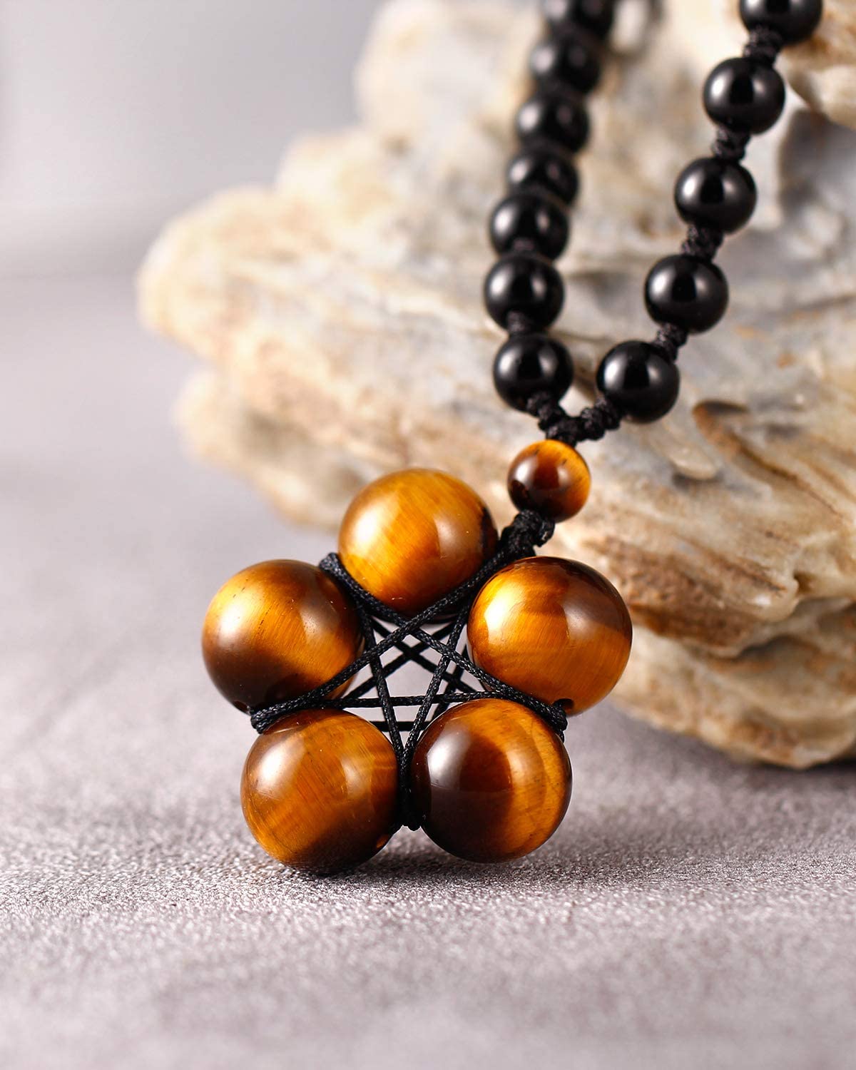 Jewever Tiger Eye Necklace Pendant Handmade Star-Shape Adjustable Energy Gemstone Healing Crystal 12mm Beads Unisex Yellow