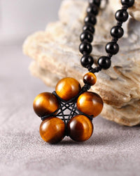 Jewever Tiger Eye Necklace Pendant Handmade Star-Shape Adjustable Energy Gemstone Healing Crystal 12mm Beads Unisex Yellow
