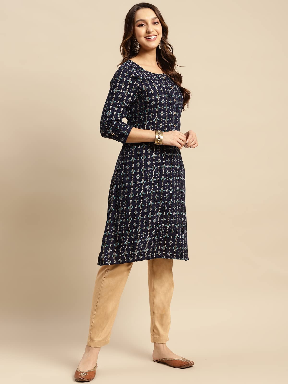 rangita Women Rayon Gold Printed Calf Length Straight Kurti