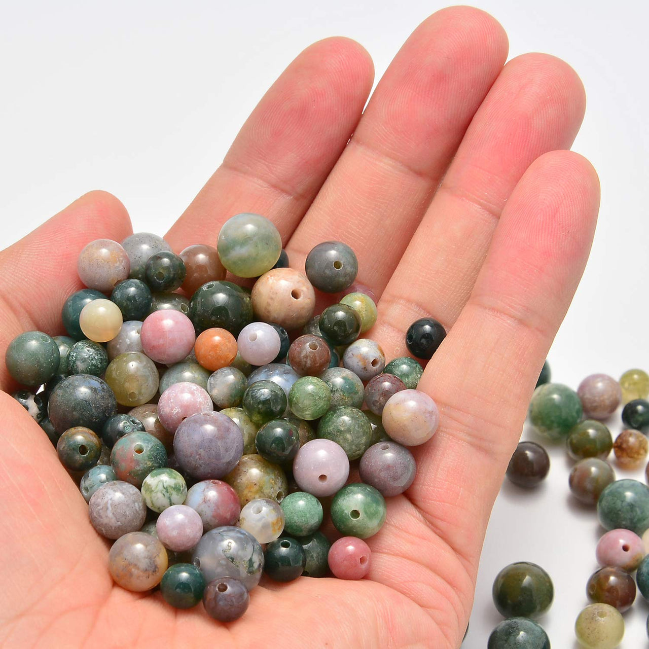 NCB 100Pcs 8mm Natural Stone Beads Indian Agate Gemstone Round Loose Stone Beads Spacer Beads Energy Healing Beads with Free Crystal Stretch Cord for Jewelry Making (Indian Agate, 8mm 100Beads)