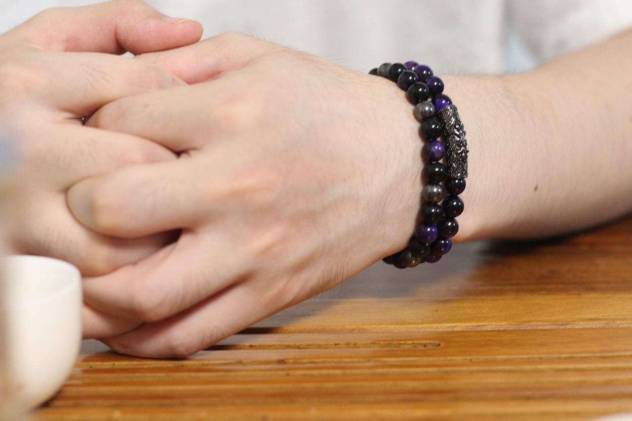 2Pcs Triple Protection Bracelet,Natural Tigers Eye Black Obsidian and Hematite 8 MM Beads Bracelet for Men Women Gift, Healing Crystal Bracelet Bring Luck and Prosperity and Happiness (Purple) Purple
