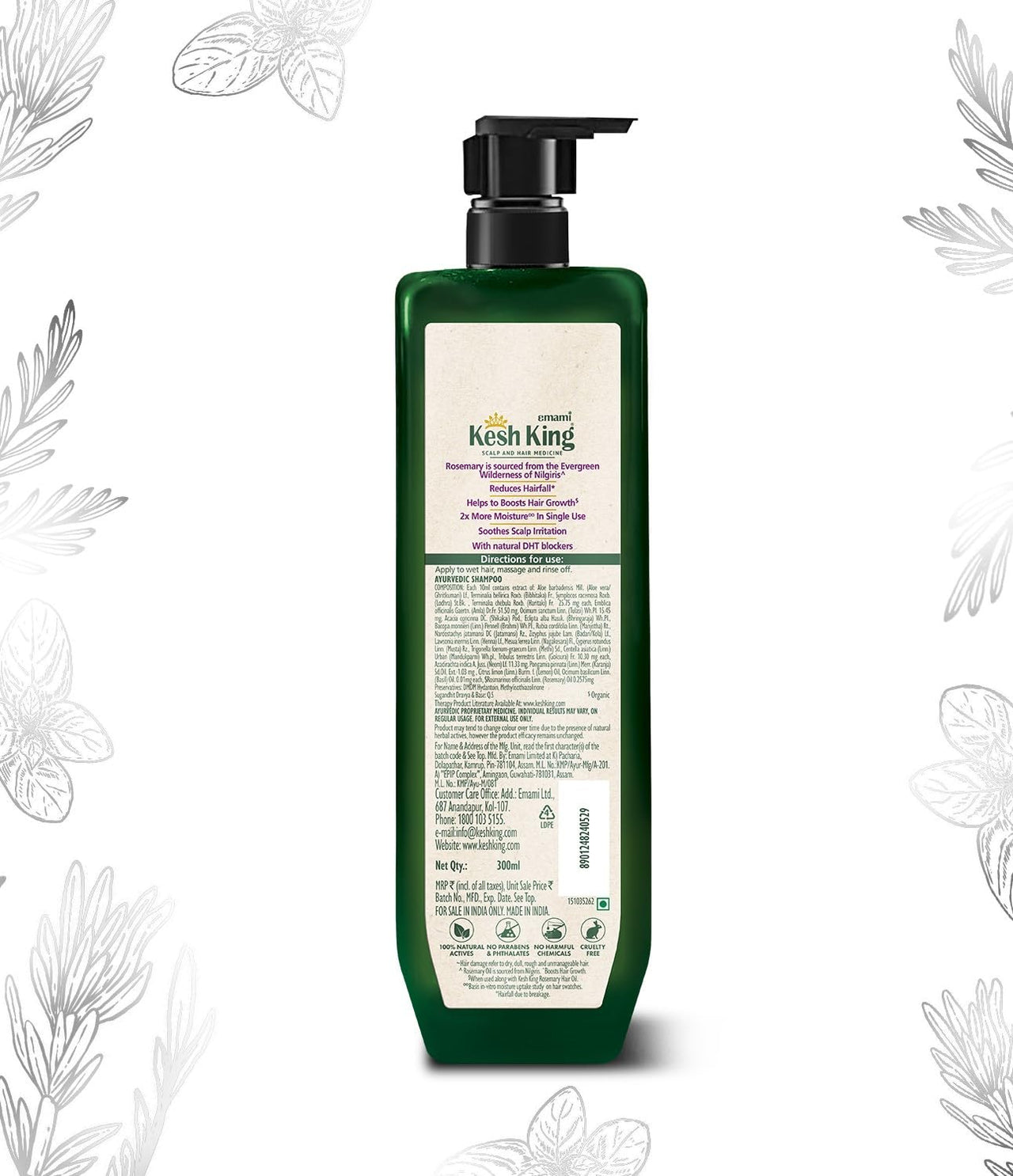 Kesh King Organic Rosemary Shampoo with Tulsi, anti hairfall shampoo for stronger hair growth and damage repair, sulphate free & ayurvedic, 300ml