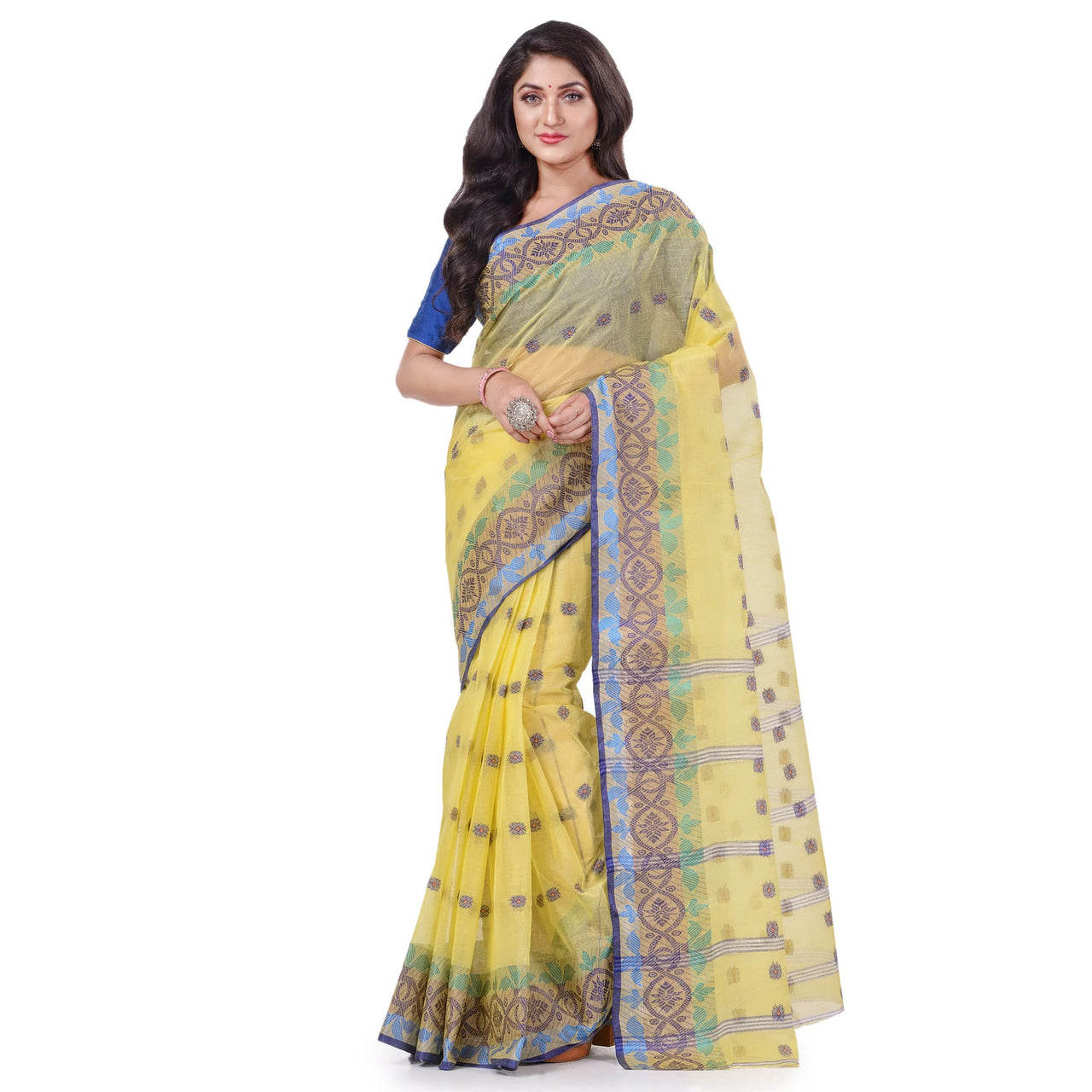 dB DESH BIDESH Women`s Traditional Bengal Tant Tri Leaf Woven Design Pure Handloom Cotton Saree Without Blouse Piece