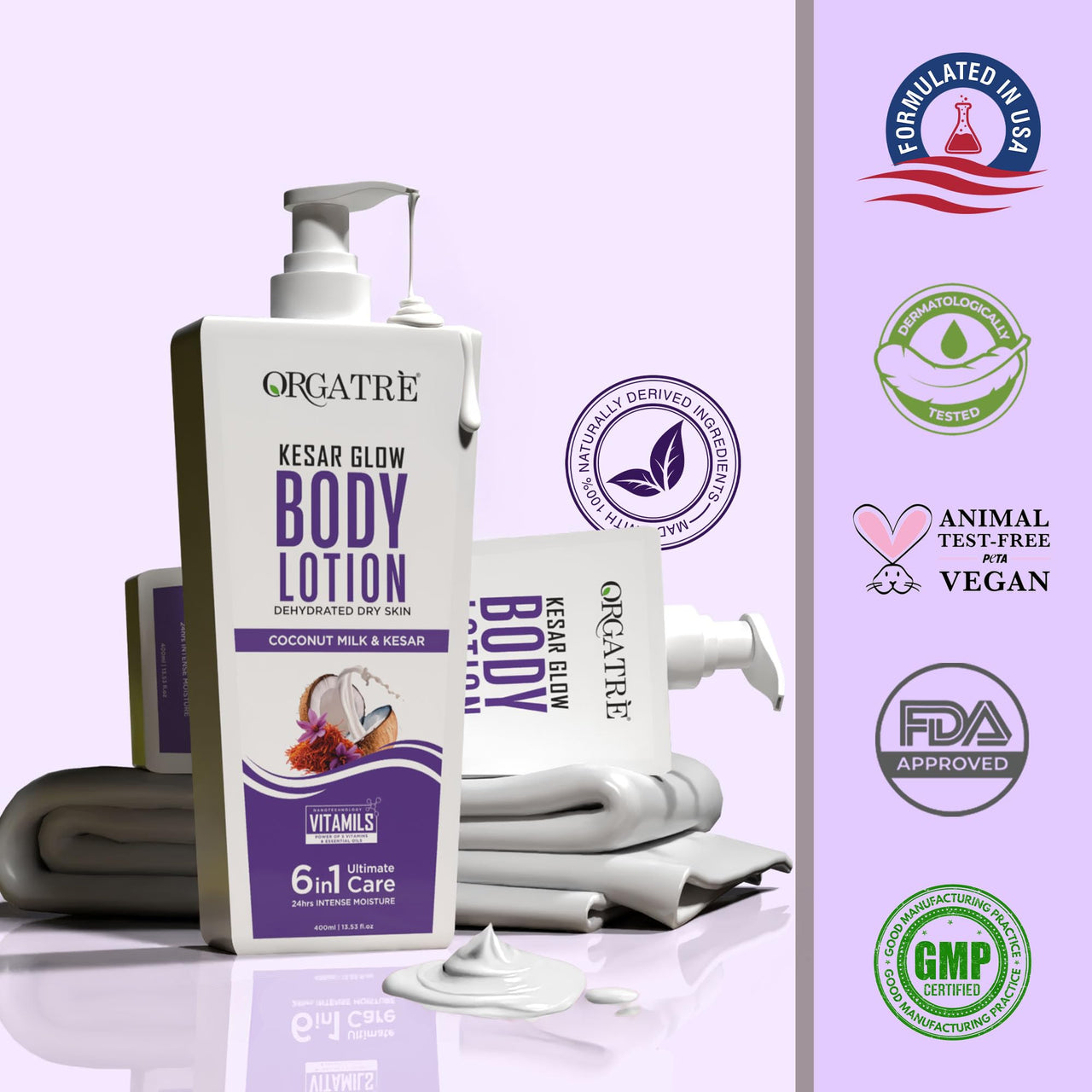 ORGATRE Kesar Glow Body Lotion for Dry Skin | Coconut Milk & Saffron | Deep Moisturization & Brightening | 24H Intense Hydration | For Women, Men & Kids | Antioxidant Protection – 400ml