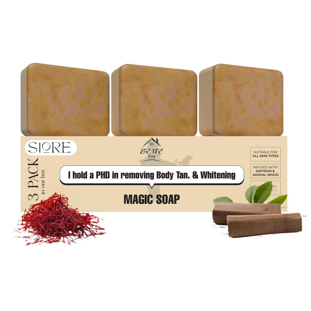 HarGhar Sandalwood & Saffron Bath Soap, 300g, Pack of 3, Handmade, Paraben Free