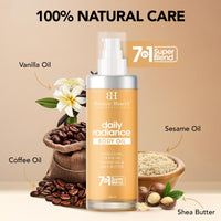 Botanic Hearth Daily Radiance Body Oil 100 ml - Lightweight Hydrating Oil with Vanilla, Coffee, Sesame Oil & Shea Butter for Glowing Skin for Men & Women - in a Premium Glass Bottle