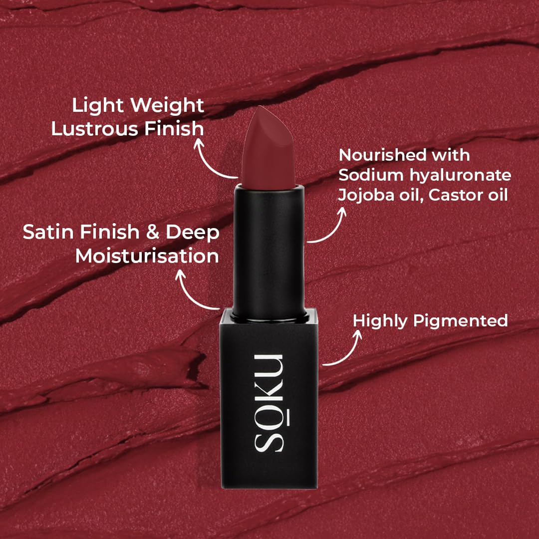 SOKU Censored Matte Long Lasting Lipstick for Women | Creamy Lipstick | Enriched with Jojoba Oil | Moisturising & Waterproof | Smooth Finish & Lightweight (Forbidden Fruit 03) - 4.2g