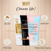 Glamveda Pack of 3 Korean Glass Skin Rice & Ceramide, Activate Charcoal & Gold Peel Off Mask 100gm | Face Pack For Men & Women | Remove Blackheads, Signs of Ageing & Skin Brightening | All Skin Types