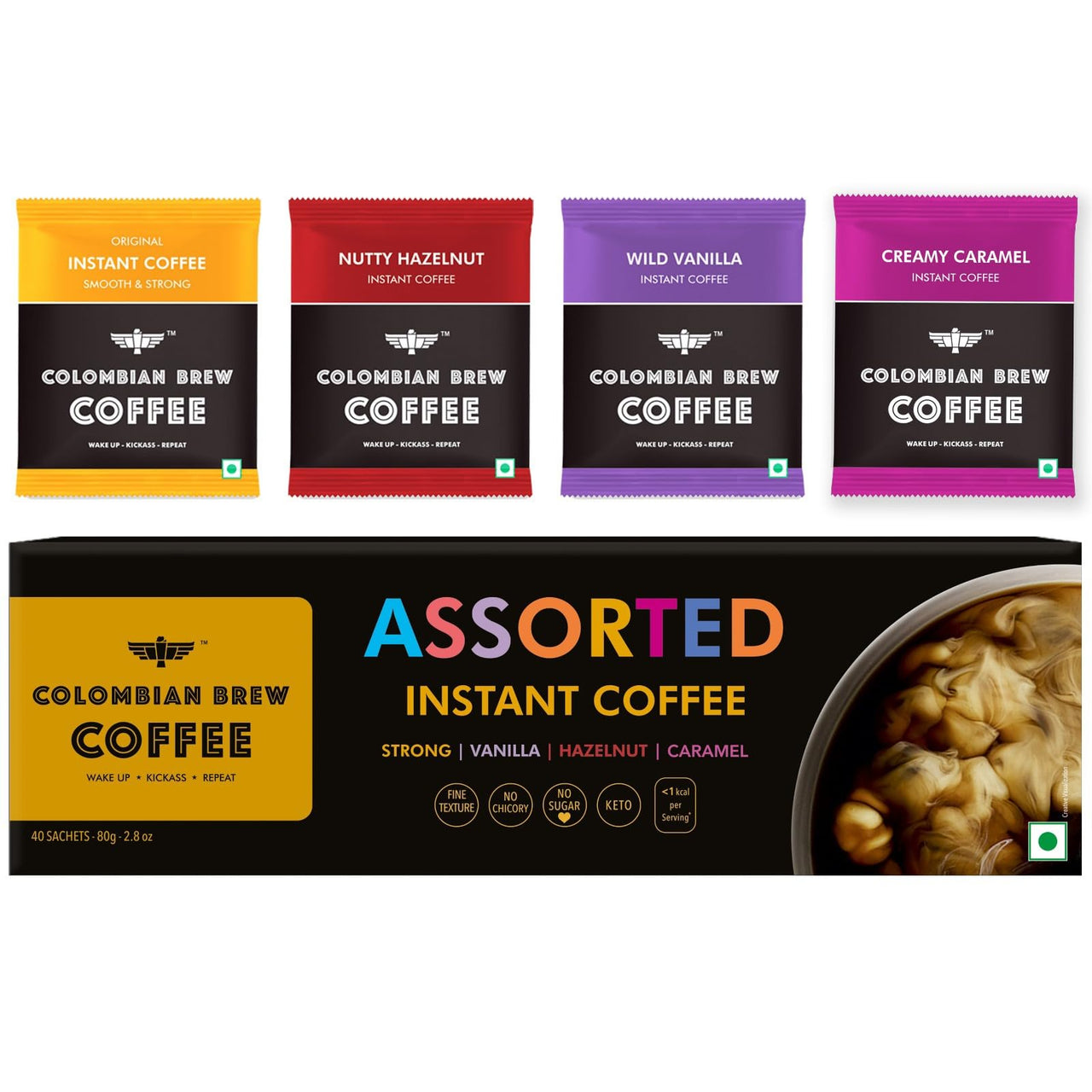 COLOMBIAN BREW COFFEE Colombian Brew Assorted Instant Coffee Powder Box |Gift Pack Box Diwali, Rakhi| 80Gm|Strong,Vanilla,Hazelnut,Caramel|