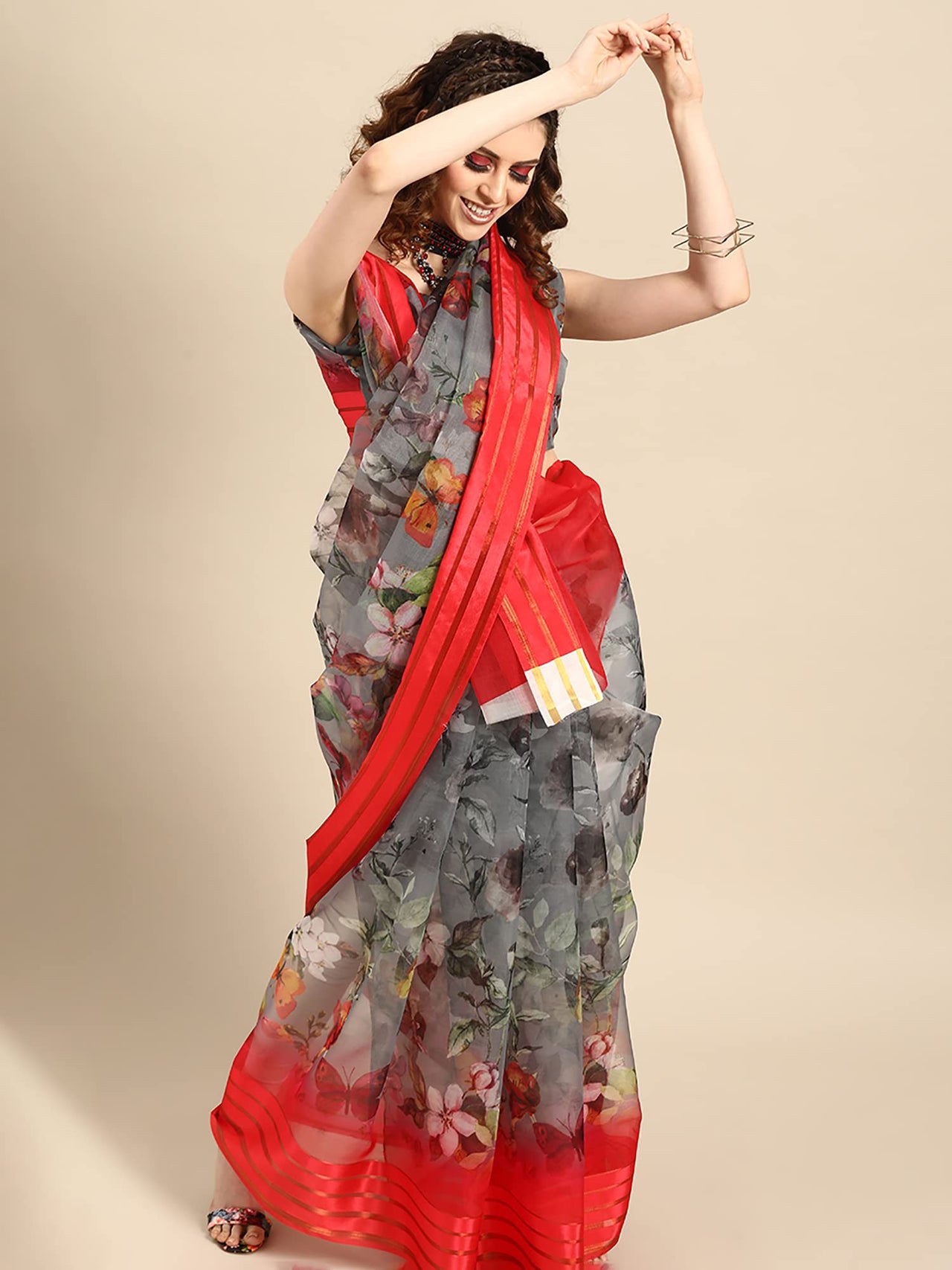 AKHILAM Women's  Knit Floral Printed Organza Saree with Unstitched Blouse Piece (FF0SAGE10_Parent)