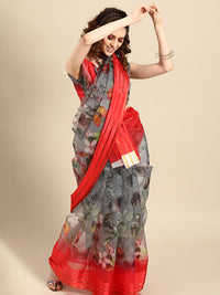 AKHILAM Women's  Knit Floral Printed Organza Saree with Unstitched Blouse Piece (FF0SAGE10_Parent)