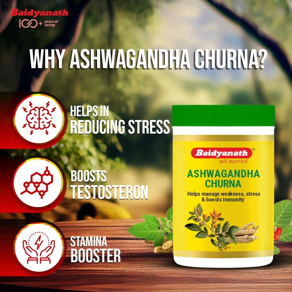 Baidyanath Ashwagandha Churna | Helps Boost Strength, Stamina & Energy | Stress Relief | Made with 100% Pure Ashwagandha - 100g (Pack of 2)
