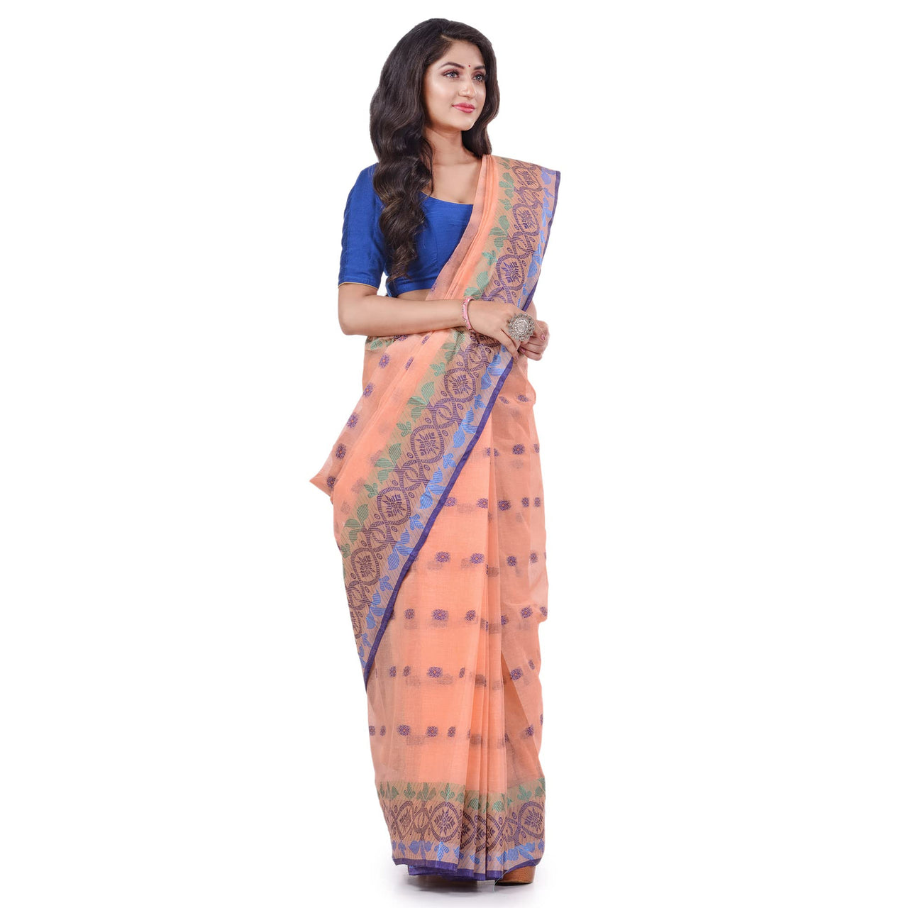 dB DESH BIDESH Women`s Traditional Bengal Tant Tri Leaf Woven Design Pure Handloom Cotton Saree Without Blouse Piece