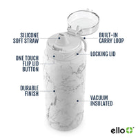 Ello Cooper 22oz Stainless Steel Water Bottle with Straw and Carry Handle, Double Walled and Vacuum Insulated Metal, Leak Proof Locking Lid with Soft Silicone Spout, Reusbale, BPA Free, White Marble