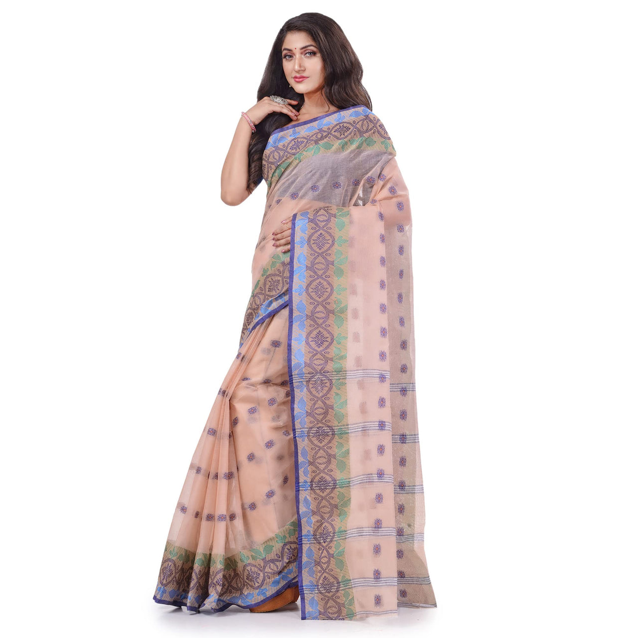 dB DESH BIDESH Women`s Traditional Bengal Tant Tri Leaf Woven Design Pure Handloom Cotton Saree Without Blouse Piece