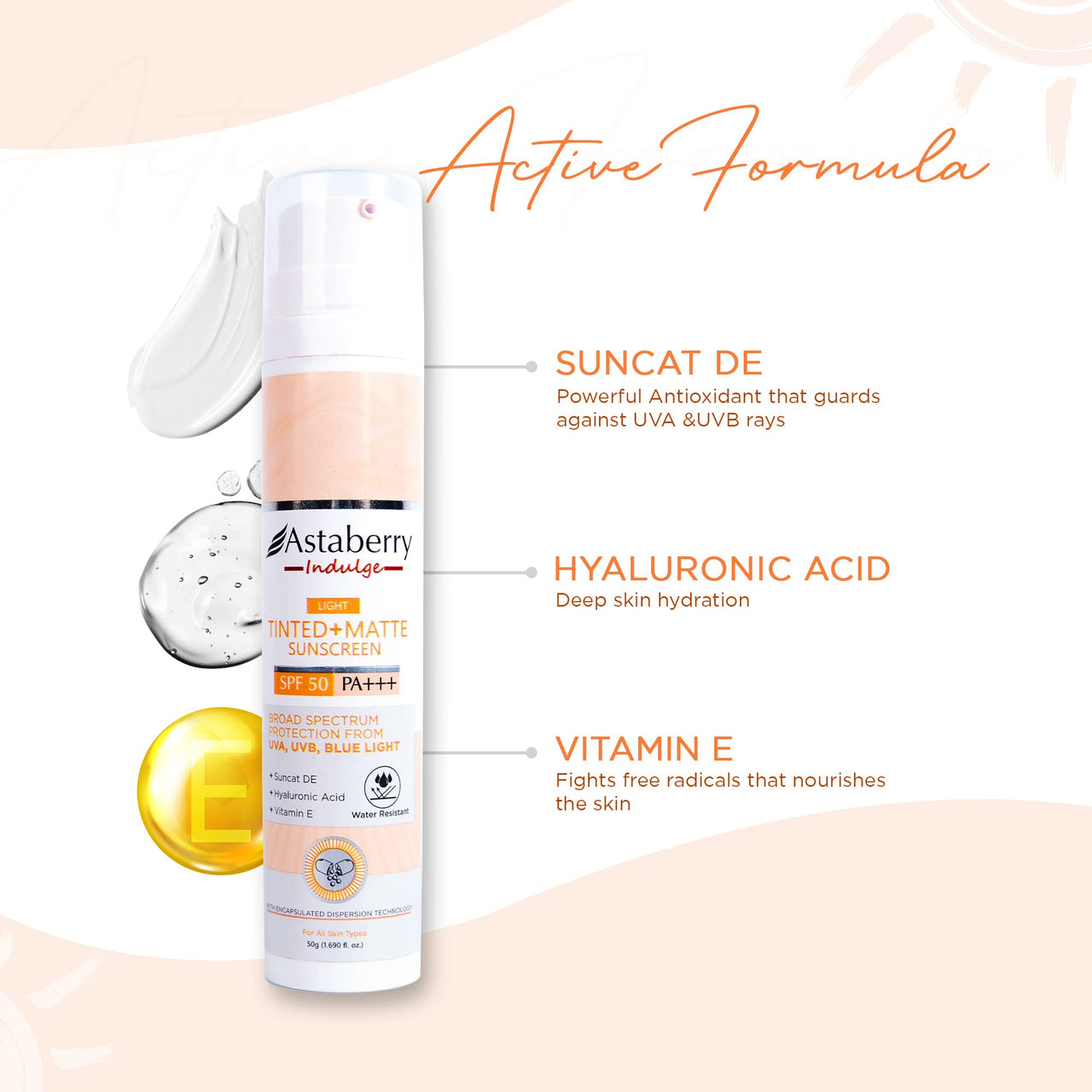 ASTABERRY Indulge Tinted Matte Sunscreen SPF 50 PA+++ | Broad Spectrum Protection from UVA/B & Blue Light | Suncat DE & No White Cast |Provides a Light Tint - 50g (Light), All