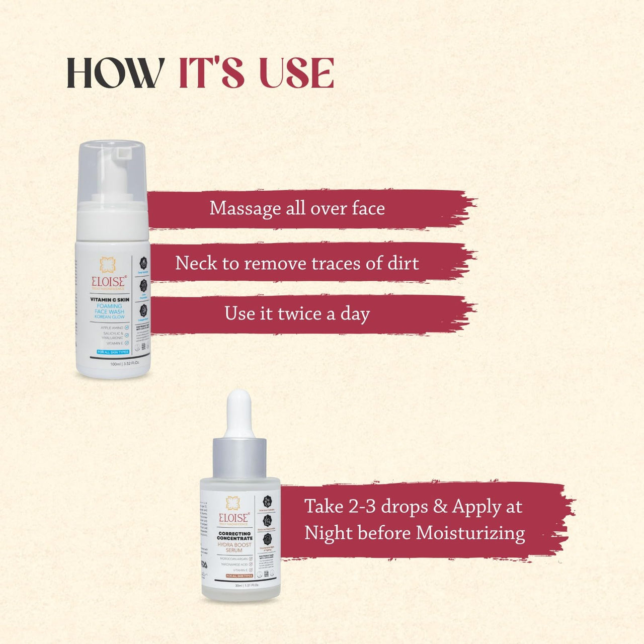 Eloise Face wash & Hydraboost serum Combo |Vitamin C, Blemish Control Face wash | Hyaluronic Acid Serum | Skin Care Gift set | Premium Gift for Men & Women | All Face Type