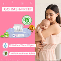 The Moms Co Rash Free Baby Wet Wipes, 99% pure water, 100% plant-based with Aloe Vera, Calendula, Eucalyptus Oil & Vitamin E | Anti-bacterial, Allergen Free & Non-Irritating - Pack of 2