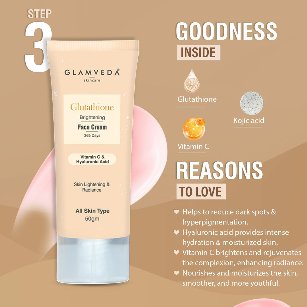 Glamveda Glutathione 4-Step Skincare Routine For Healthy & Radiant Skin | Skin Brightening and Lightening Combo ( Facewash + Facecream + Faceserum + Sunscreen )