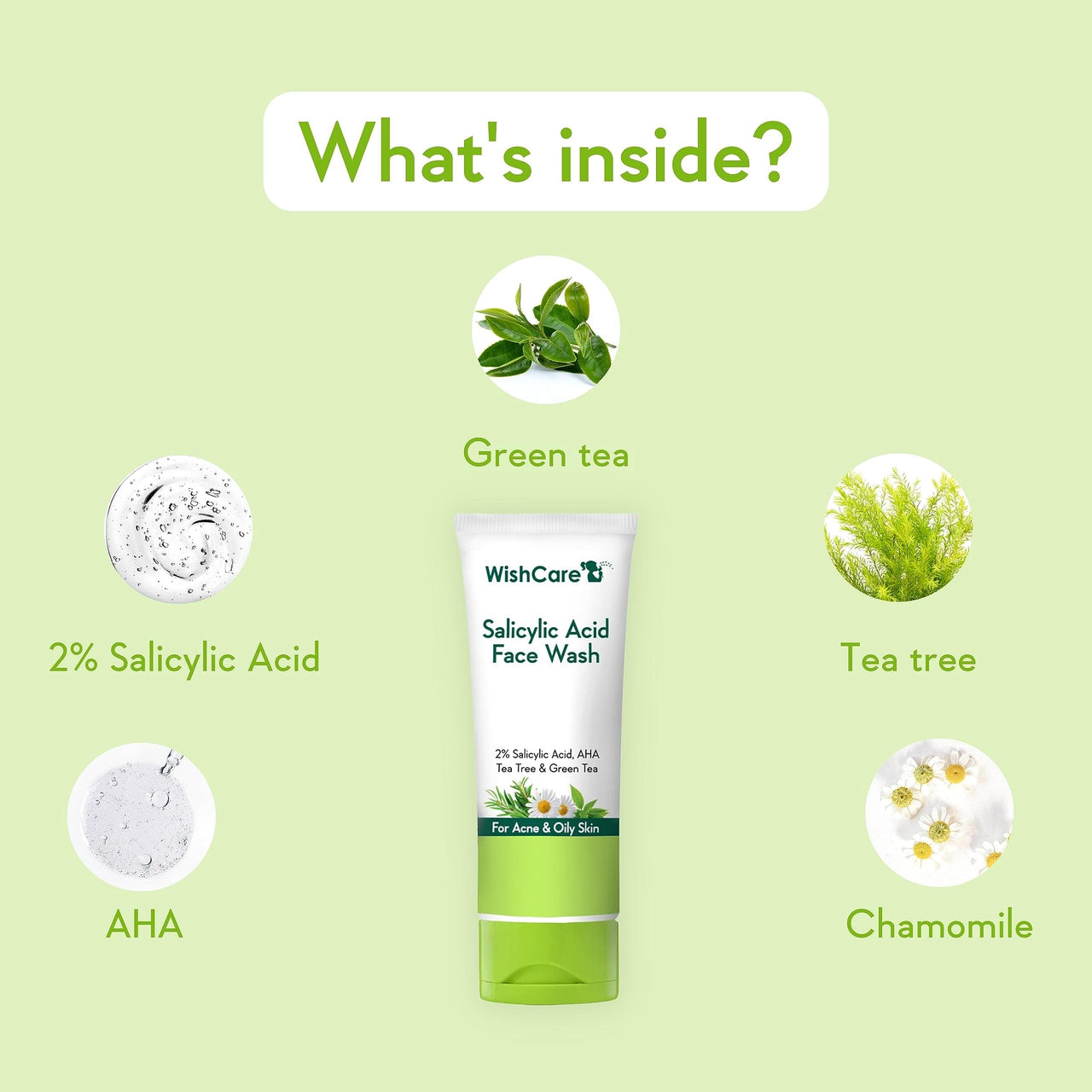 WishCare 2% Salicylic Acid Face Wash for Women & Men with AHA, GreenTea, Chamomile & TeaTree - Face Wash for Oily Skin & Acne Prone Skin 100ml