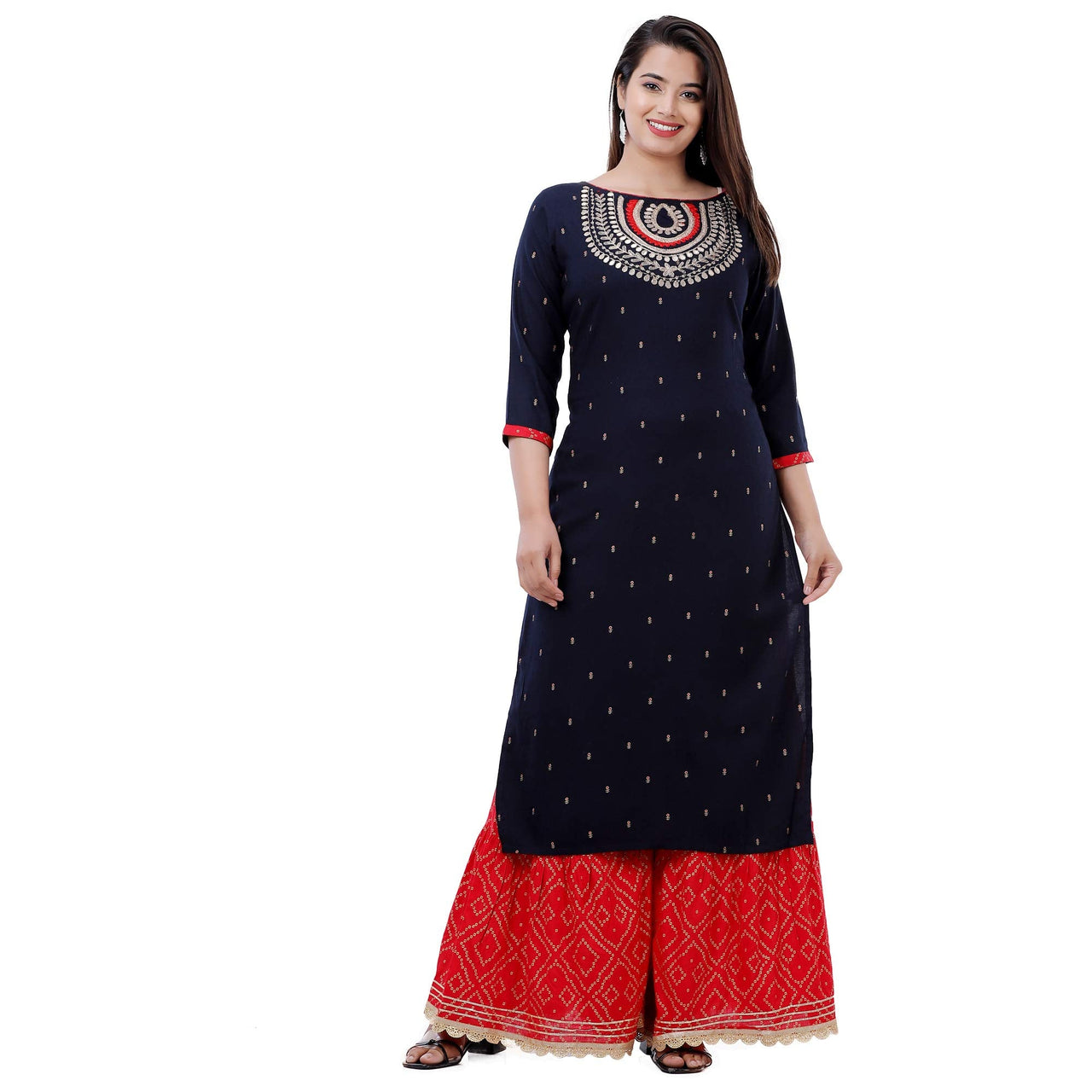 Ashta Vinayak Creations Women's  Casual Rayon Embroidered Straight Kurti With Sharara Set(AVC74_Black_Red)