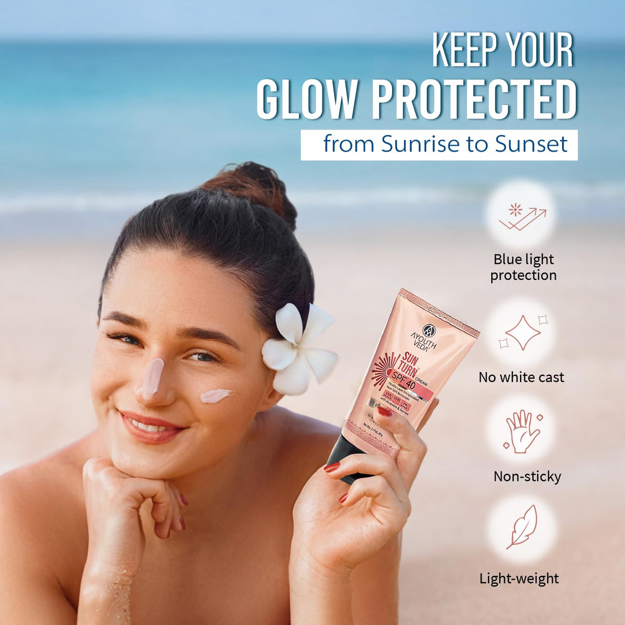 Ayouthveda Sun Turn Cream SPF 40 - Double Layer Encapsulated Sunscreen - Tinted with BB Effect - PA++++ - UVA(+++++)/UVB Protection - Blue Light Defense - Enriched with Zinc Oxide, Aloe Vera & Berries - Net.Qty:- 60g