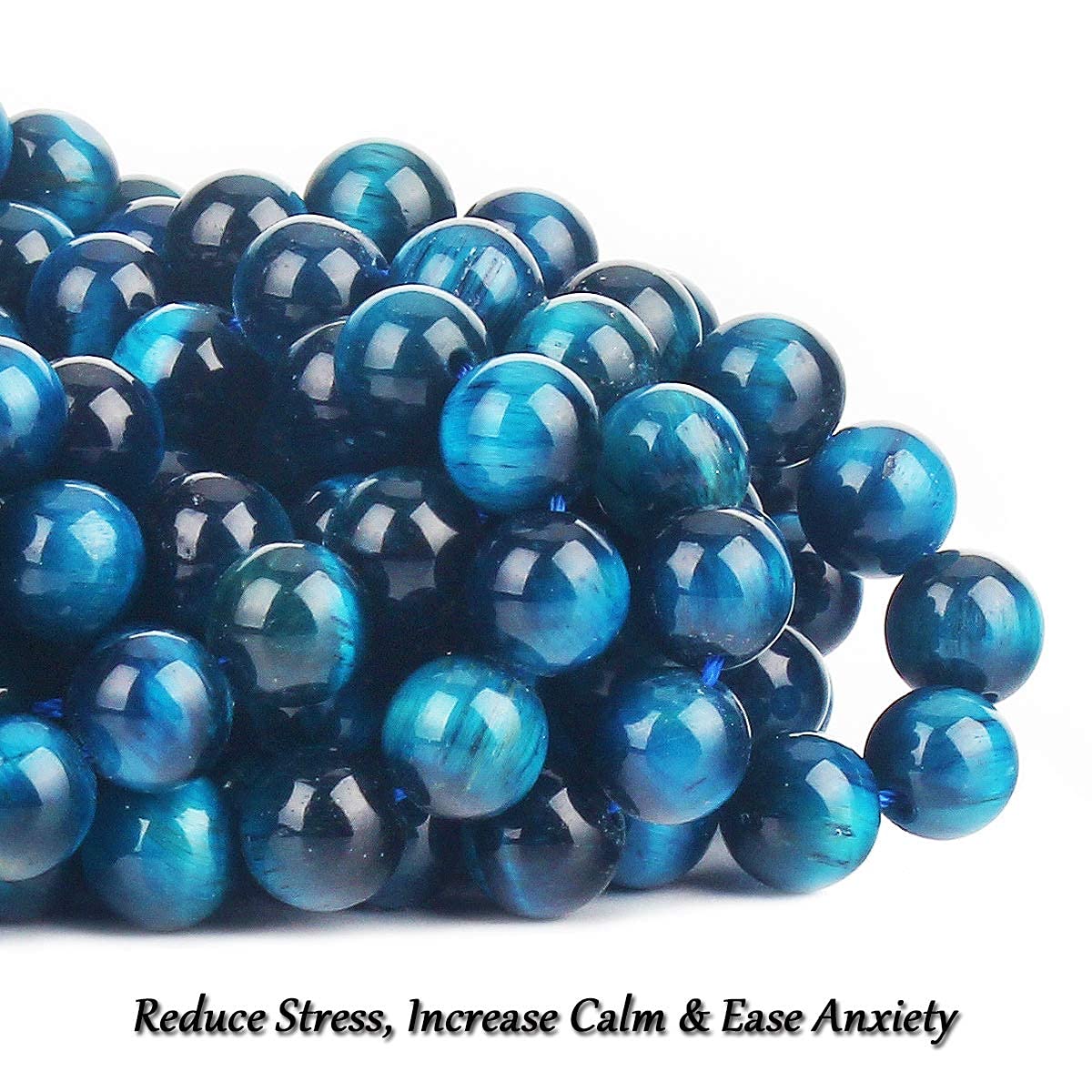 70PCS Natural 8MM Healing Gemstone, Blue Tiger’s Eye Energy Stone Round Loose Beads, Semi-Precious Crystal Beads with Free Elastic String for Jewelry Making DIY